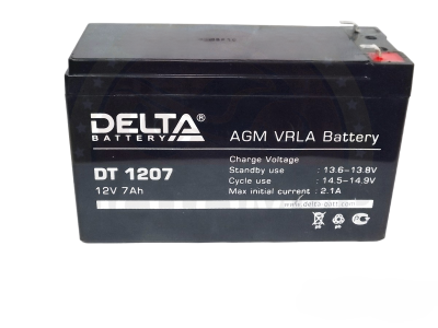 Аккумулятор 12В7А/ч, кислот.AGM (Delta DT 1207)(150х65х90) для электро машинок,гориз. клеммы слева