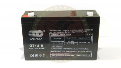 Аккумулятор 6В 12 А/ч, кислотный AGM OТ12-6, OUTDO (151х51х94х100поклеммам) прямая полярность
