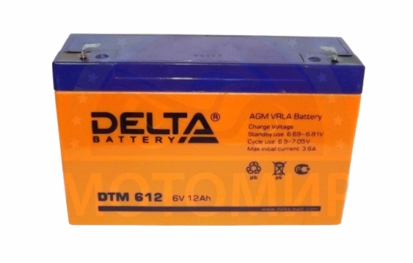 Аккумулятор 6В 12 А/ч, кислотный AGM (Delta DTM 612) для электро машинок (150х50х95)